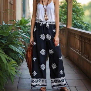 Purple Floral , Wide Leg Pants with Pockets ,Vacation Boho Pant