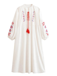 Retro Floral Emberoidery, Linen Cotton Vacation, Boho Maxi Dress
