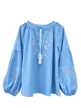Load image into Gallery viewer, Retro Floral Embroidered ,Linen Cotton Blouse ,Lace-up Tassel Boho Shirts
