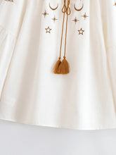 Load image into Gallery viewer, Star Embroidered, Linen Cotton Blouse ,Lace-up Tassel Boho Shirt
