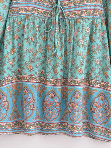 Green Floral Print ,Bohemian Mini Dress,Boho Dress