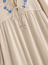 Load image into Gallery viewer, Linen Cotton,Wild Floral Embroidery , Lace-up Tassel Maxi Boho Dress
