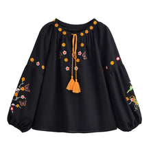 Load image into Gallery viewer, Bohemian Floral Embroidered, Linen Cotton Blouse,Lace-up Tassel Boho Shirt
