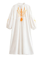 Load image into Gallery viewer, Retro Linen Cotton,Wheat Emberoidery, Lantern Sleeve Boho Maxi Dress
