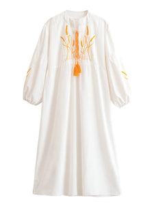 Retro Linen Cotton,Wheat Emberoidery, Lantern Sleeve Boho Maxi Dress