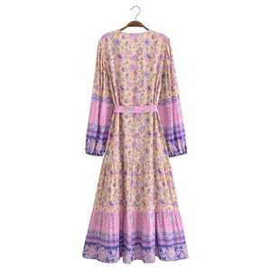 Floral Print ,Breasted Bohemian Maxi Dress, Boho Dress Robe