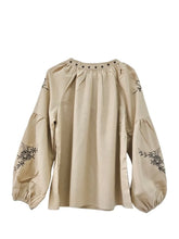 Load image into Gallery viewer, Retro Floral Embroidered ,Linen Cotton Blouse ,Lace-up Tassel Boho Shirts
