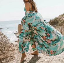 Load image into Gallery viewer, Boho Green Crane &amp; Floral Print Kimono | Rayon Beach Cover-up &amp; Robe
