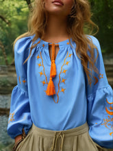 Load image into Gallery viewer, Star Moon Embroidery, Linen Cotton Blouse,Lace-up Tassel Boho Shirts
