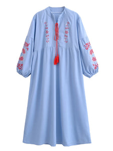 Retro Floral Emberoidery, Linen Cotton Vacation, Boho Maxi Dress