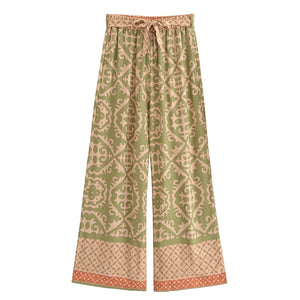 Geometric Floral Print ,Wide Leg Bohemian Pants , Boho Pant Pockets
