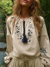 Load image into Gallery viewer, Wild Floral Embroidery ,Linen Cotton Shirts, Lace-up Tassel Boho Blusas
