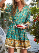 Load image into Gallery viewer, Green Floral Print ,Bohemian Mini Dress,Boho Dress
