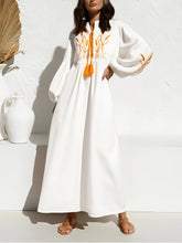 Load image into Gallery viewer, Retro Linen Cotton,Wheat Emberoidery, Lantern Sleeve Boho Maxi Dress
