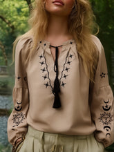 Load image into Gallery viewer, Star Moon Embroidery, Linen Cotton Blouse,Lace-up Tassel Boho Shirts
