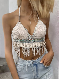 Hollow Out Sleeveless ,Bohemian Crop Tops ,Floral Tassel Knitted Camis