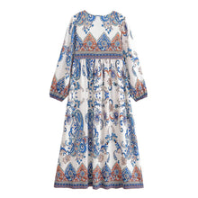 Load image into Gallery viewer, Vintage Floral Printed Women Tie Neck Lantern Sleeve Beach Holiday Maxi Dress
