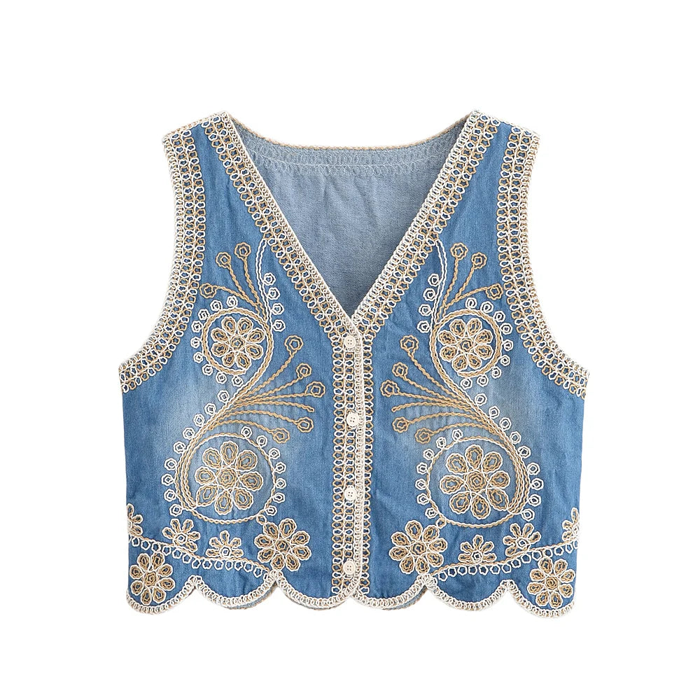 Denim Floral Embroidery ,Suspender Vest ,Sequin Waistcoat Streetwear