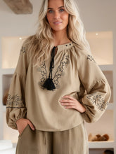 Load image into Gallery viewer, Retro Floral Embroidered, Linen Cotton Blouse ,Lace-up Boho Shirt

