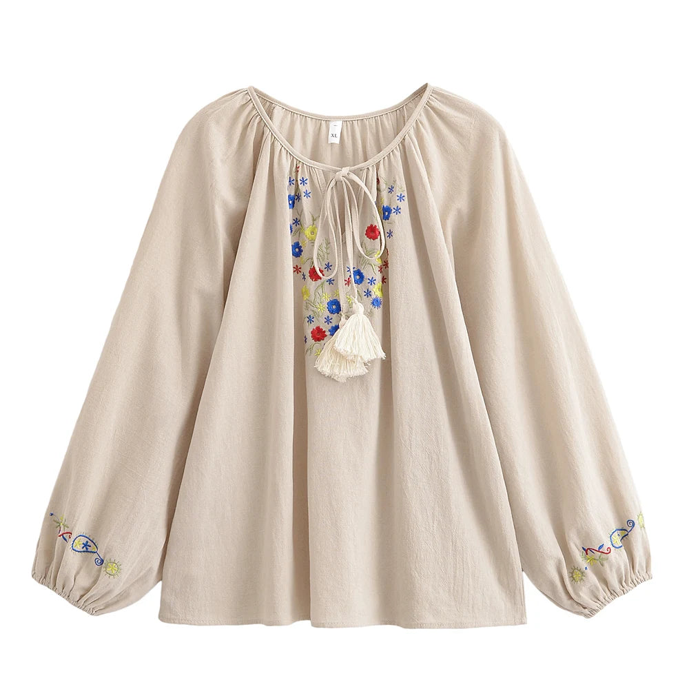 Floral Embroidery, Linen Cotton Blouse, Boho Shirts