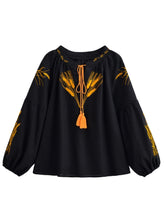 Load image into Gallery viewer, Wheat Embroidered, Linen Cotton Blouse,Lace-up Tassel Loose Boho Shirt

