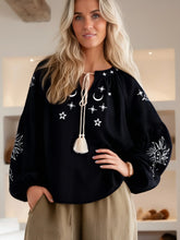 Load image into Gallery viewer, Star Embroidered, Linen Cotton Blouse ,Lace-up Tassel Boho Shirt
