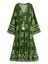 Load image into Gallery viewer, Ethnic Floral Long Sleeve Tassel Rayon Beach Bohemian maxi Dress
