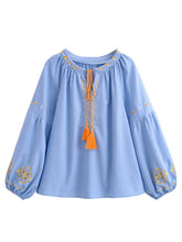 Load image into Gallery viewer, Lantern Sleeve , Floral Embroidered Linen Cotton Blouse,Loose Boho Shirt
