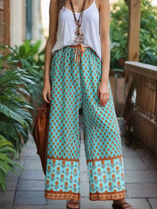 Geometric Floral Print ,Wide Leg Bohemian Pants , Boho Pant Pockets
