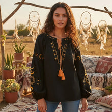 Load image into Gallery viewer, Celestial Embroidered Linen Blouse - Sun Boho Top
