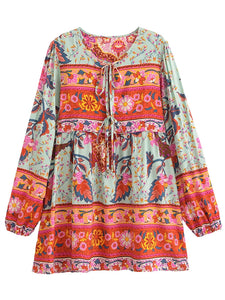 Green Floral Peacock,Bohemian Mini Dress,Boho Dress