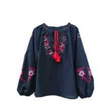 Load image into Gallery viewer, Retro Floral Embroidered ,Linen Cotton Blouse ,Lace-up Tassel Boho Shirts
