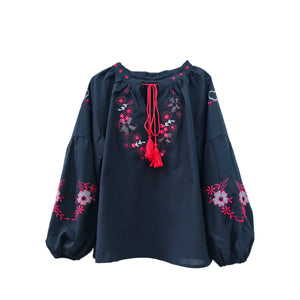 Retro Floral Embroidered ,Linen Cotton Blouse ,Lace-up Tassel Boho Shirts