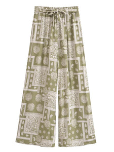 Geometric Floral Print ,Wide Leg Bohemian Pants , Boho Pant Pockets