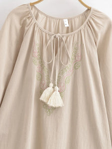 Golden Floral Embroidery ,Linen Cotton Blouse,Loose Boho Shirts