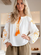 Load image into Gallery viewer, Bird Floral Embroidered ,Linen Cotton Blouse ,Lace-up Tassel Boho Shirt
