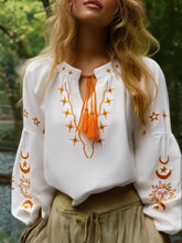 Load image into Gallery viewer, Star Moon Embroidery, Linen Cotton Blouse,Lace-up Tassel Boho Shirts

