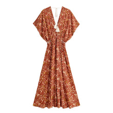 Load image into Gallery viewer, Brown Floral Tassel Beach Bohemian Maxi Dress  Vacation Boho Dress

