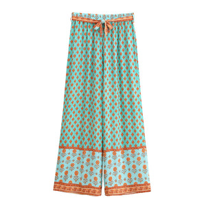 Geometric Floral Print ,Wide Leg Bohemian Pants , Boho Pant Pockets