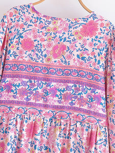 Pink Floral Print ,Beach Bohemian Maxi Dresses ,Boho Dress