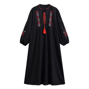 Retro Floral Emberoidery ,Lantern Sleeve Maxi Dress, Boho Dress