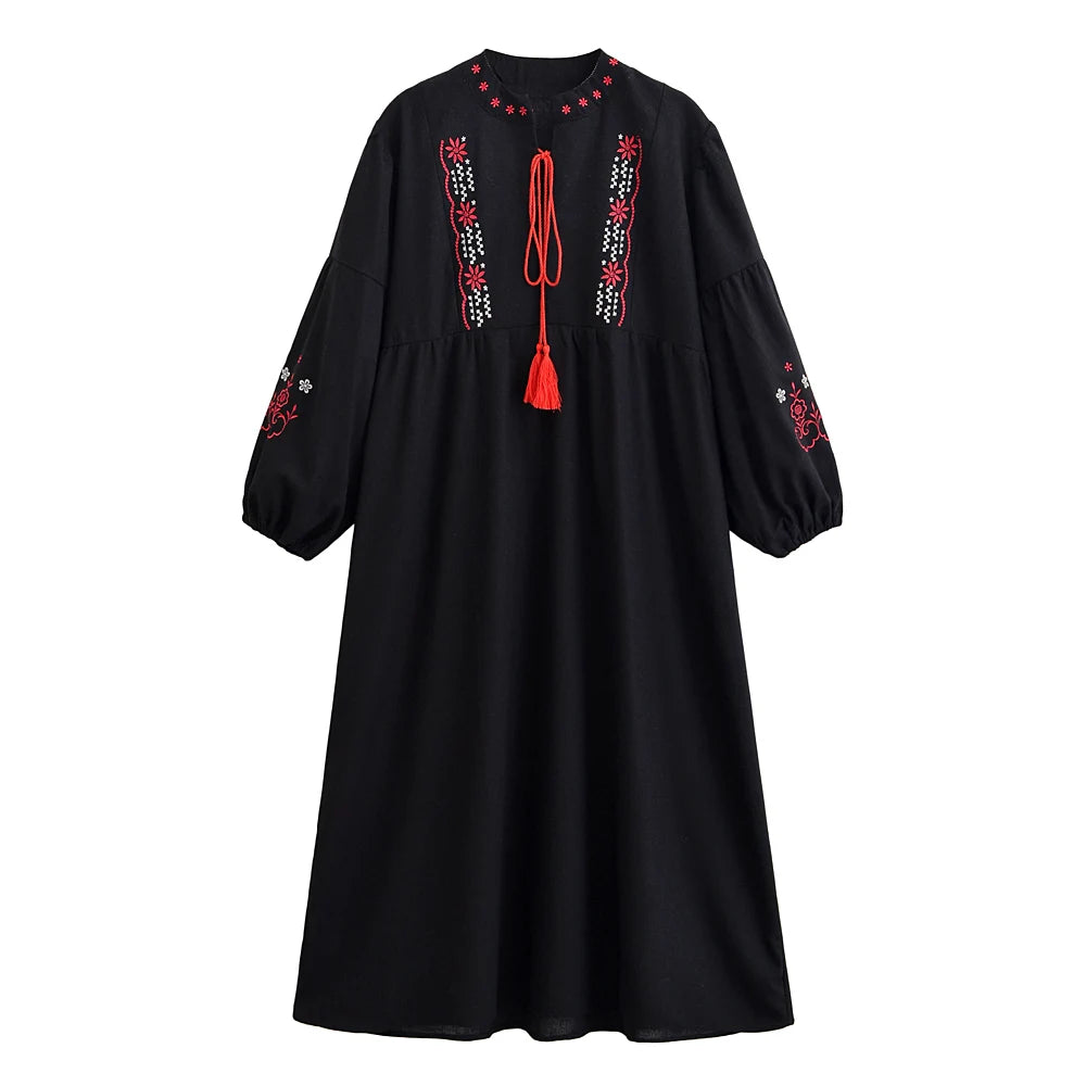 Retro Floral Emberoidery ,Lantern Sleeve Maxi Dress, Boho Dress