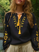 Load image into Gallery viewer, Star Moon Embroidery, Linen Cotton Blouse,Lace-up Tassel Boho Shirts
