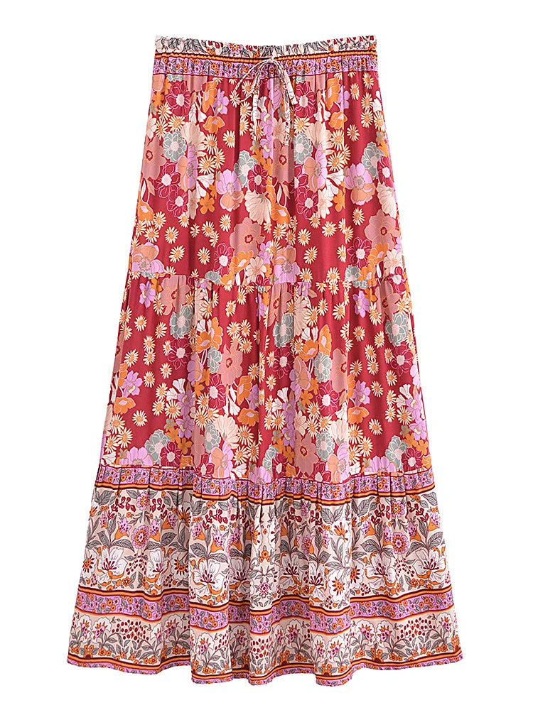 Boho Skirt, Pink Floral ,Bohemian Maxi Skirts