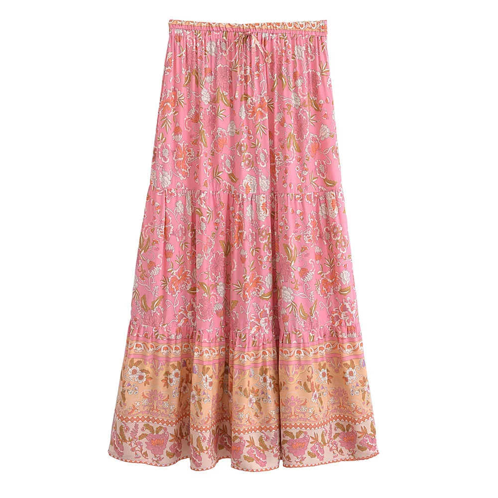 Pink Floral Print ,Beach Bohemian Skirt,Boho Skirts