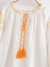 Load image into Gallery viewer, Bird Floral Embroidered ,Linen Cotton Blouse ,Lace-up Tassel Boho Shirt
