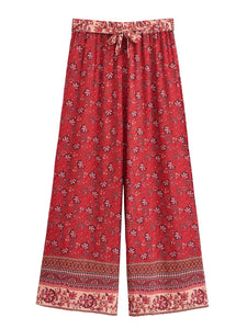 Red Floral , Wide Leg Pants,Loose Vacation Boho Pants