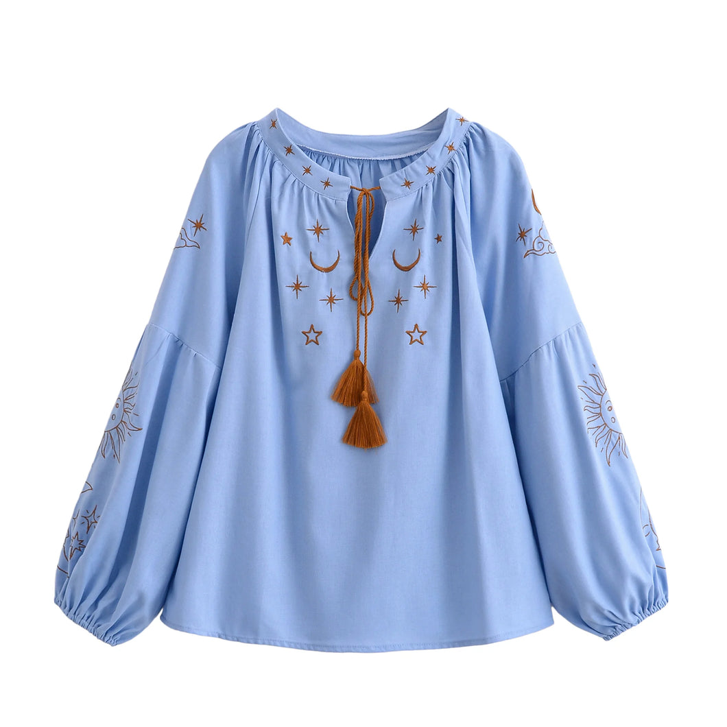 Star Embroidered, Linen Cotton Blouse ,Lace-up Tassel Boho Shirt