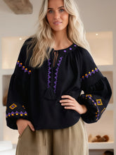 Load image into Gallery viewer, Geometry Embroidered ,Linen Cotton ,Lace-up Tassel Boho Shirt
