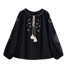 Load image into Gallery viewer, Star Embroidered, Linen Cotton Blouse ,Lace-up Tassel Boho Shirt
